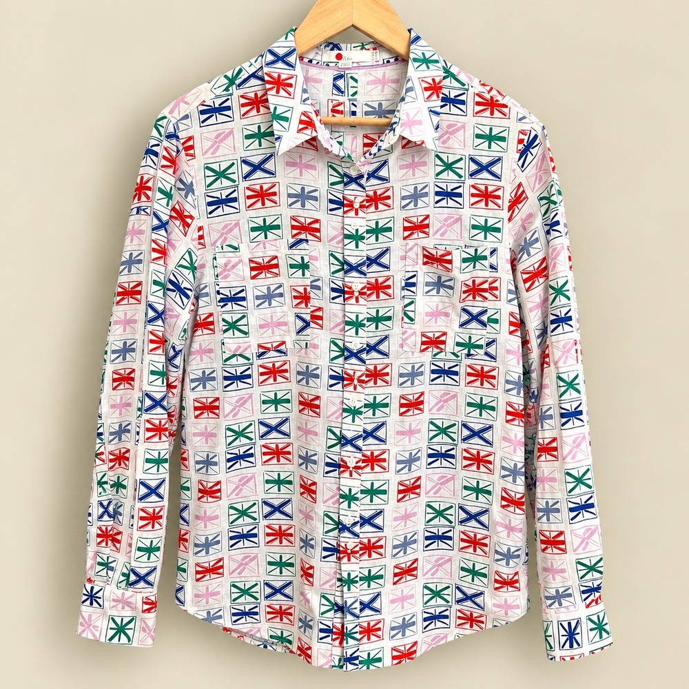 Boden Linen Union Jack Flag Print Button Down Shirt Multi Color US 10 Preppy